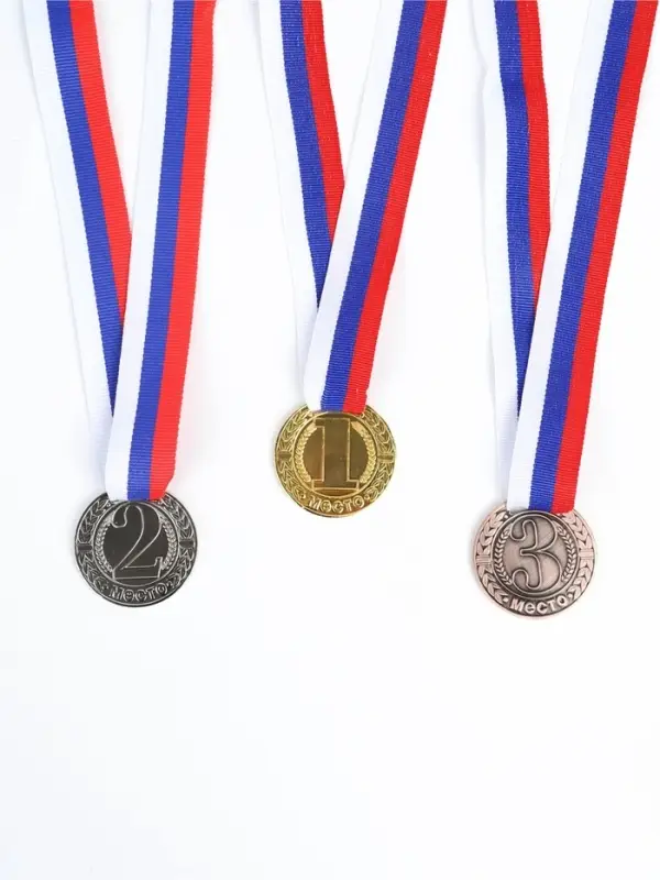 Медали для награждения, под нанесение, d=4 см, 3 шт., на ленте, разноцветные