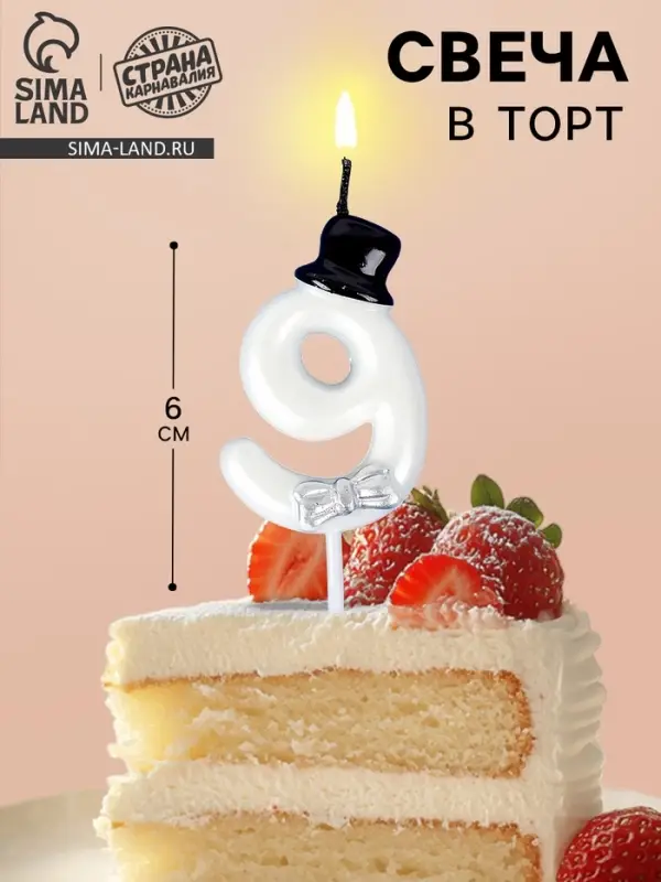 Свеча для торта «Джентельмен», цифра 9, белая Свеча для торта «Джентельмен», цифра 9, белая