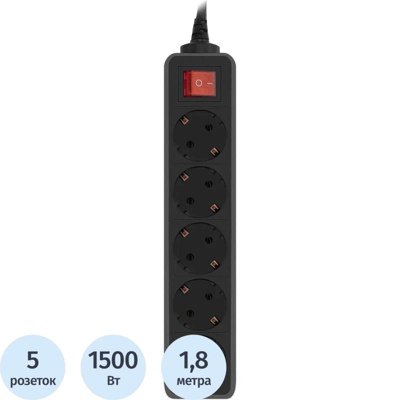Сетевой фильтр PC Pet AP01006-E-B 1.8м (5 розеток) черный (пакет)