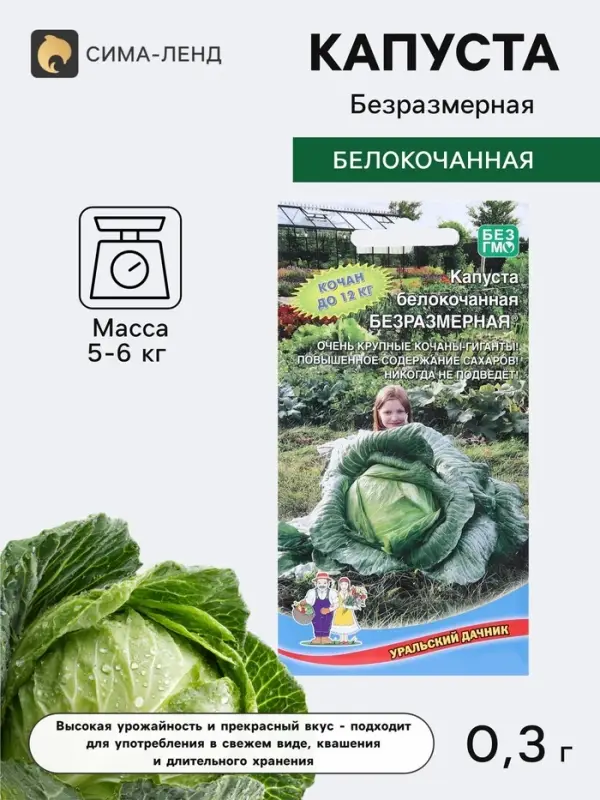 Семена Капуста белокочанная &laquo;Безразмерная&raquo;, 0.3 г, &laquo;Уральский дачник&raquo;