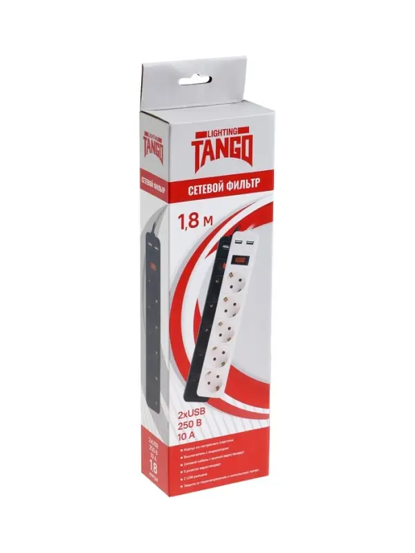 Сетевой фильтр TANGO, 5 гнезд с 2&times;USB, 1,8м, 10 А, 2200 Вт, с з/к, черный