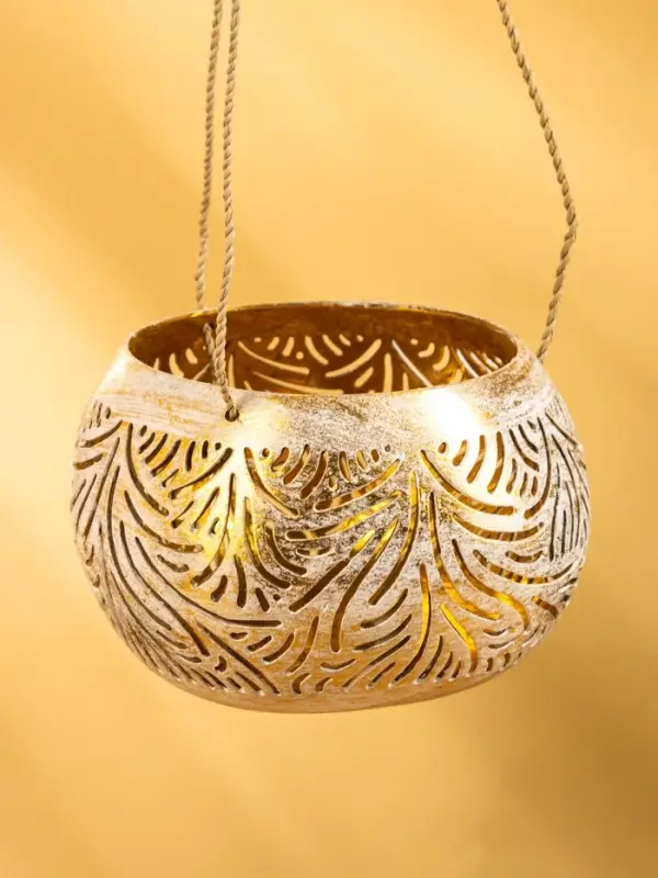 Подсвечник подвесной из кокоса, 14×14×10 см, бело-золотой