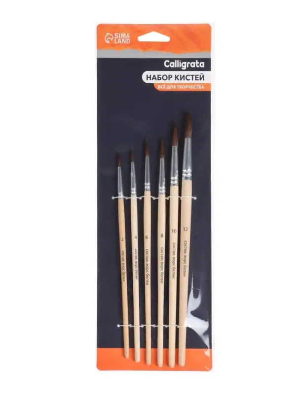 Набор кистей для рисования, белка, 6 штук: № 2, 4, 6, 8, 10, 12, Calligrata, круглые, деревянная ручка, международный размер