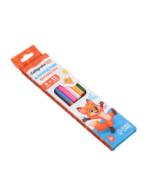 Карандаши Calligrata, цветные, двухцветные, 12 цветов, 6 шт., деревянные, трёхгранные