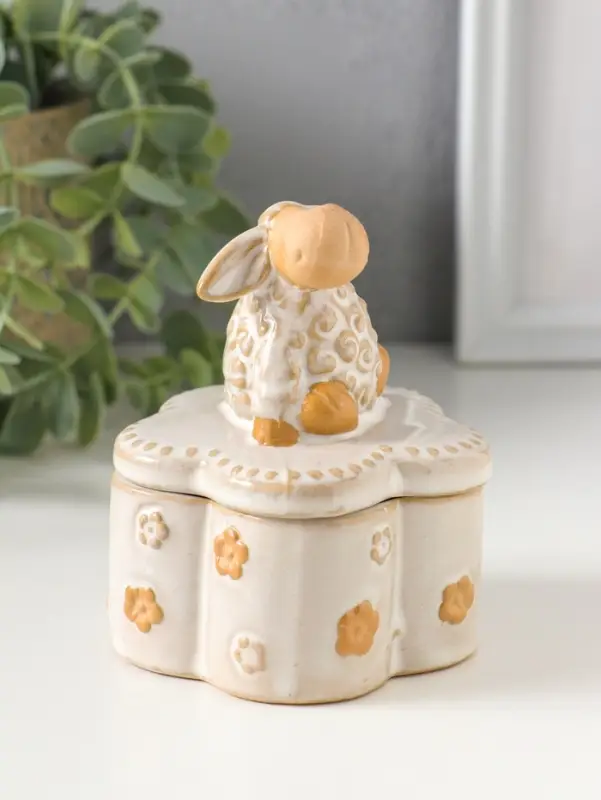 Шкатулка керамика "Кудряш бараш" беж 7,9х7,9х9,5 см