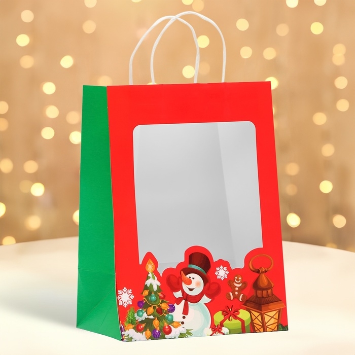 Пакет подарочный новогодний с окном Пакет подарочный новогодний с окном "Снеговик" 19 х 26 х 13 см.