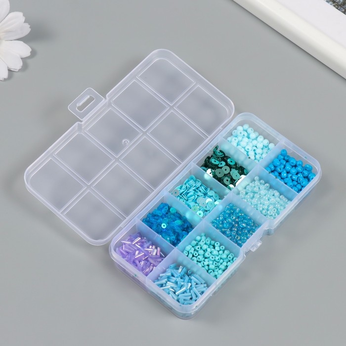 Бисер стекло 6/0, 12/0 в шкатулке  Бисер стекло 6/0, 12/0 в шкатулке "Голубой" стеклярус и пайетки 12,5х6,5х2 см