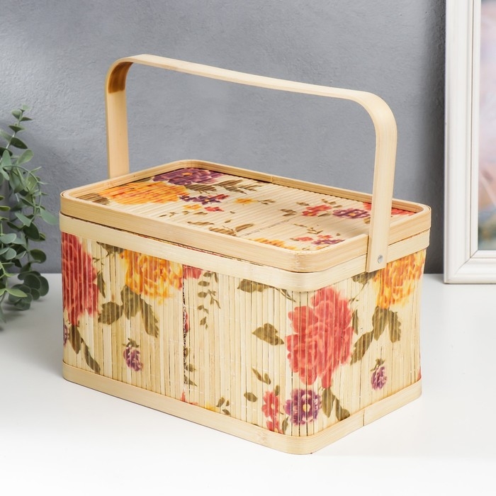 Шкатулка бамбук Шкатулка бамбук "Сад с пионами" прямоугольная, с ручками 16х18х28 см