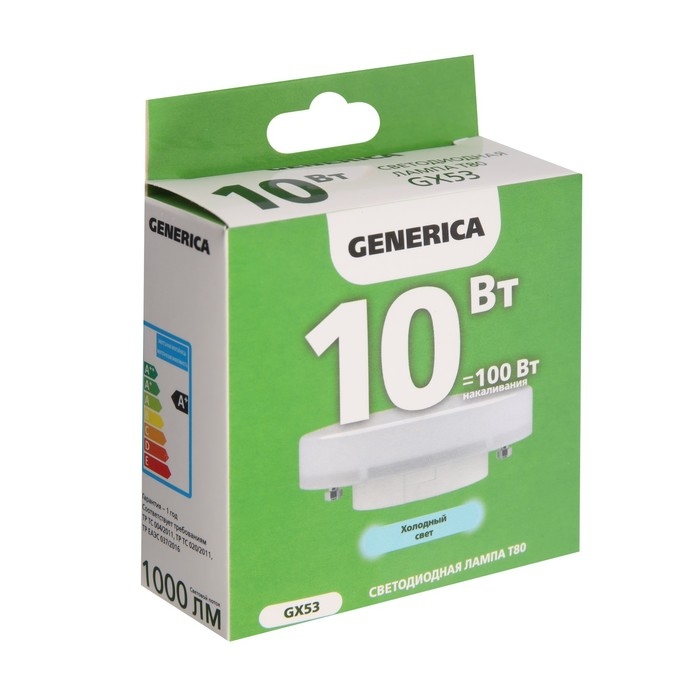 Лампа светодиодная GENERICA, 10 Вт, T80, таблетка, 6500 К, GX53, 1000 лм, 230 В, LL-T80-10-230-65-GX53-G Лампа светодиодная GENERICA, 10 Вт, T80, таблетка, 6500 К, GX53, 1000 лм, 230 В, LL-T80-10-230-65-GX53-G