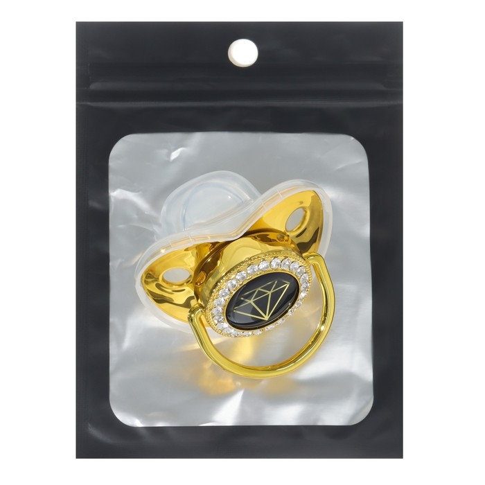 Соска - пустышка силиконовая ортодонтическая «Бриллиант», от 12 мес., с колпачком, цвет золотой/черный, стразы Соска - пустышка силиконовая ортодонтическая «Бриллиант», от 12 мес., с колпачком, цвет золотой/черный, стразы