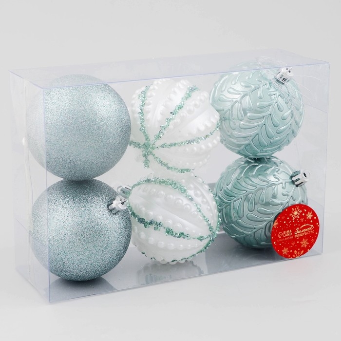 Набор шаров пластик d-8 см, 6 шт Набор шаров пластик d-8 см, 6 шт "Ночка" веточки узор, зелёный белый