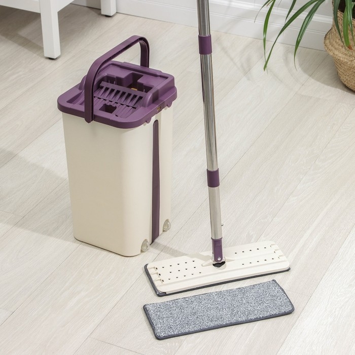 Швабра с отжимом и ведро: ведро с отсеками для полоскания и отжима 10 л, швабра плоская, запасная насадка из микрофибры Швабра с отжимом и ведро: ведро с отсеками для полоскания и отжима 10 л, швабра плоская, запасная насадка из микрофибры