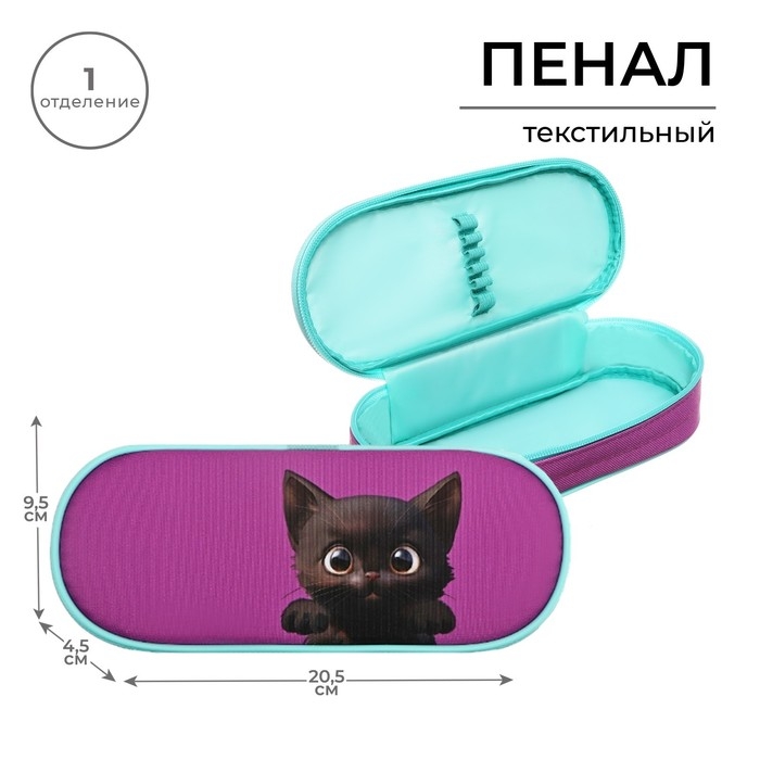 Пенал-футляр 95 х 205 х 45 мм, мягкий, текстильный, Calligrata, ПМК 27-20 резинка на клапане,  Пенал-футляр 95 х 205 х 45 мм, мягкий, текстильный, Calligrata, ПМК 27-20 резинка на клапане, "Котик черный"