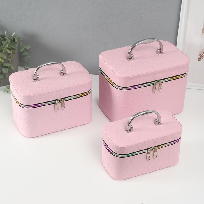 Шкатулка кожзам с зеркалом Шкатулка кожзам с зеркалом "Сердца" св-розовая набор 3 шт 19х10,5х10,5 21х13х14 15х23х17 см