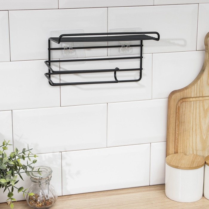 Полка на липучке Доляна, с держателем для полотенец, 19,5×9,5×8 см, цвет черный Полка на липучке Доляна, с держателем для полотенец, 19,5×9,5×8 см, цвет черный