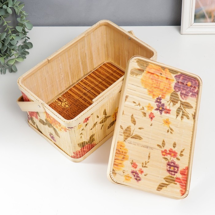 Шкатулка бамбук Шкатулка бамбук "Сад с пионами" прямоугольная, с ручками 16х18х28 см