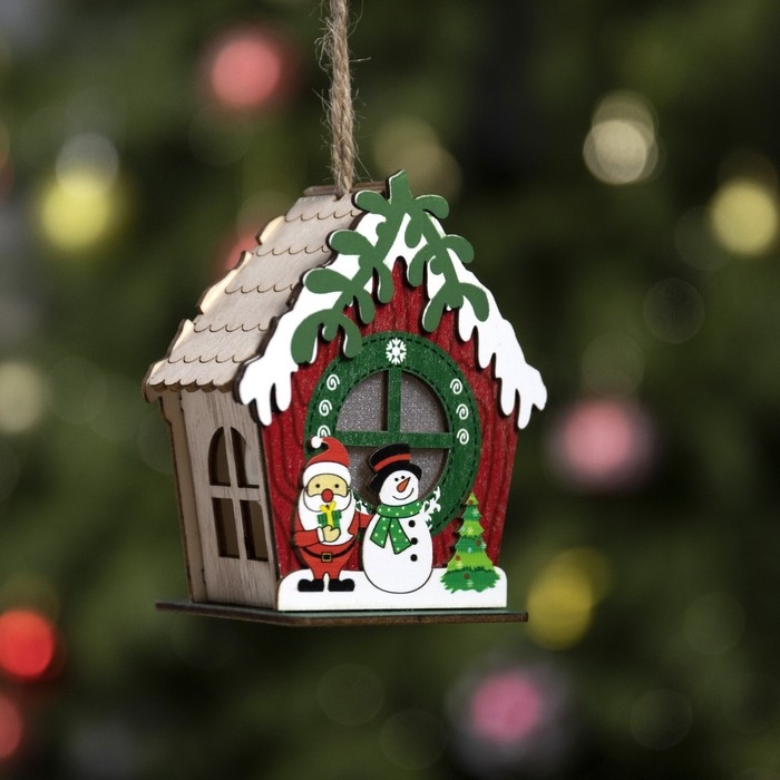 Ёлочная игрушка «Избушка со снеговиком», от батареек, свечение тёплое белое Ёлочная игрушка «Избушка со снеговиком», от батареек, свечение тёплое белое