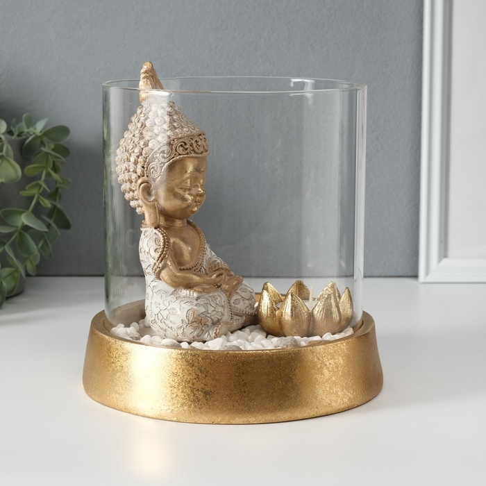 Сувенир полистоун, стекло  Сувенир полистоун, стекло "Медитирующий Будда в саду камней" со свечой 18х18х18 см