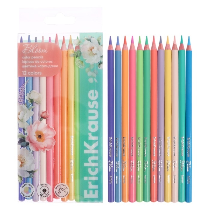 Карандаши 12 цветов ErichKrause "Pastel Bloom", дерево, круглые, грифель 4 мм, европодвес