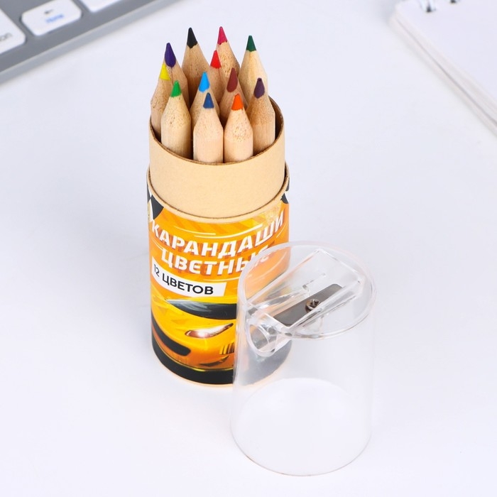 Набор цветных карандашей мини в тубусе «Гонки», 12 шт, с точилкой Набор цветных карандашей мини в тубусе «Гонки», 12 шт, с точилкой