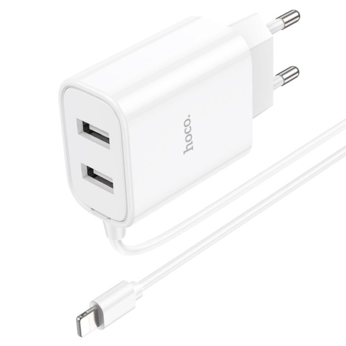 Сетевое зарядное устройство Hoco C103A, 2 USB, 2.1 А, встроенный кабель Lightning, 1 м,белое