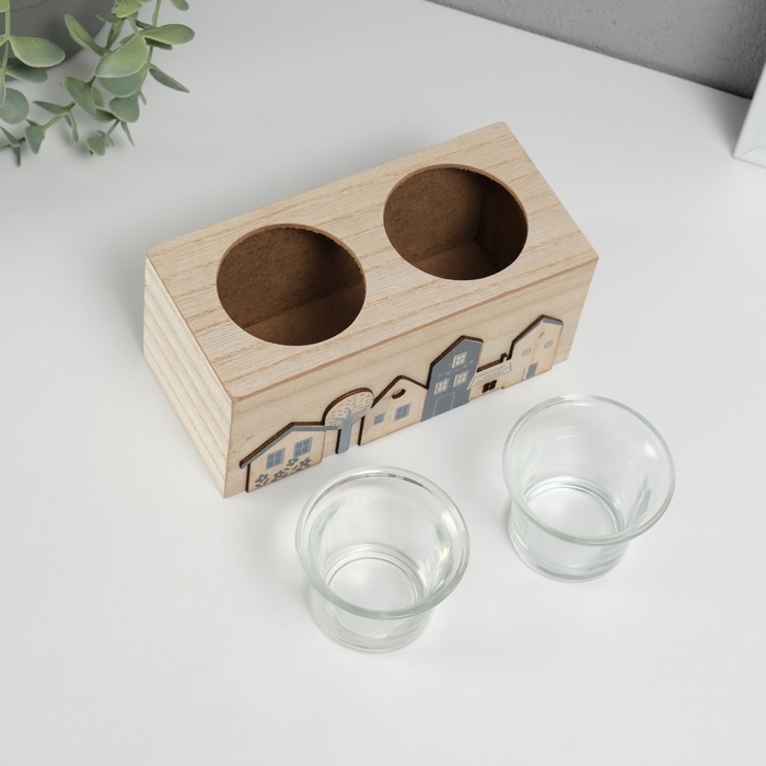 Подсвечник дерево на 2 свечи  Подсвечник дерево на 2 свечи "Домики" d=4 см 7,7х15,5х8 см