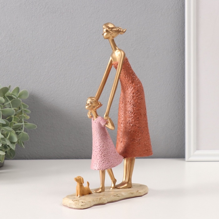 Сувенир полистоун  Сувенир полистоун "Мама с дочкой и с собачкой" оранжево-розовый 5х14х24 см