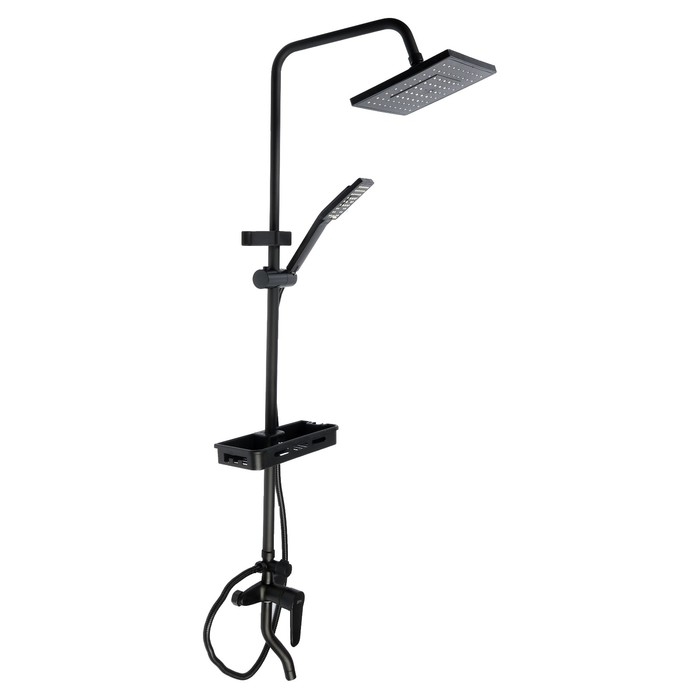 Душевая система ZEIN Z3862, смеситель, тропическая и ручная лейка, полка, латунь, черная Душевая система ZEIN Z3862, смеситель, тропическая и ручная лейка, полка, латунь, черная