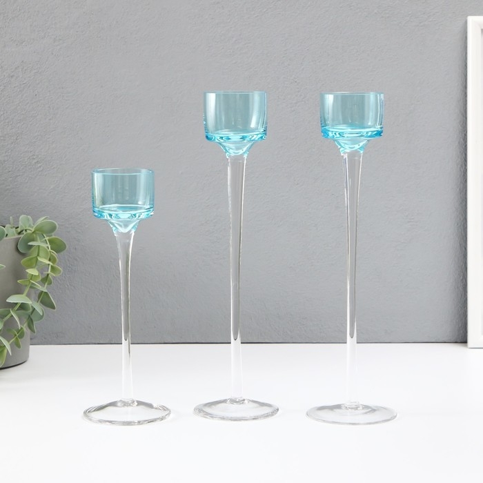 Подсвечник стекло набор 3 шт Подсвечник стекло набор 3 шт "Прозрачность мыслей" высота 26см-2шт., 20 см- 1шт. синий