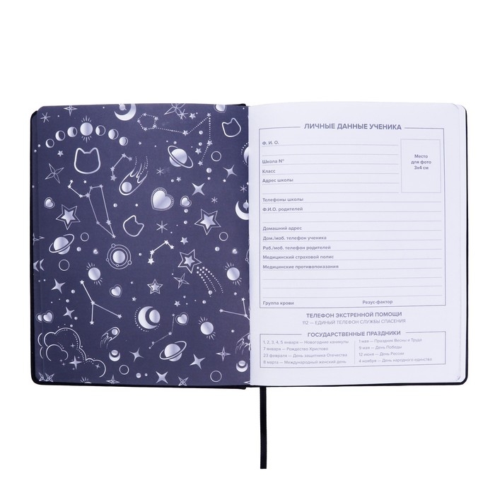 Дневник школьный для 1-11 классов  Дневник школьный для 1-11 классов "Меджик кот", твёрдая обложка с поролоном из искусственной кожи, перфорация + голографическая подложка, тиснение фольгой, 48 листов, блок офсет 80г/м2, универсальная шпаргалка