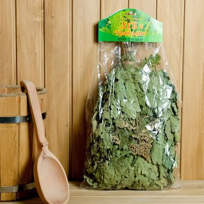 Веник для бани дубовый, с тысячелистником