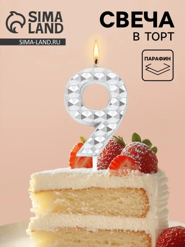Свеча для торта &laquo;Элемент&raquo;, цифра 9, серебро