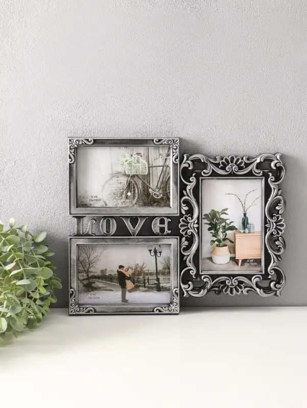 Фоторамка пластик на 3 фото 10х15 см "Любовь моя" тёмное серебро 26,5х32,5 см