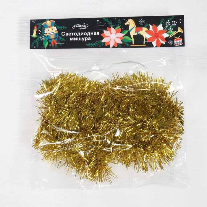 Гирлянда «Мишура» 1 м роса, IP20, золотистая нить, 22 LED, 6 слоёв, d=7 см, батарейки CR2032х2 (в комплекте), свечение тёплое белое