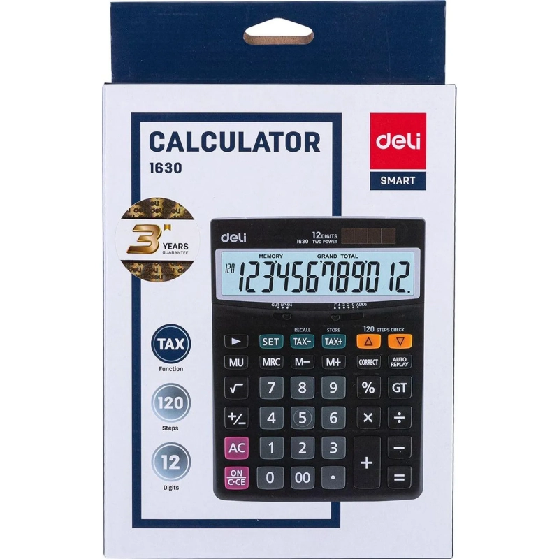 Калькулятор настольный ПОЛНОРАЗМ. Deli E1630, 12-р, дв.пит,188x140мм,черн