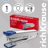 Степлер ErichKrause № 10, до 15 листов, встроенный антистеплер, серый