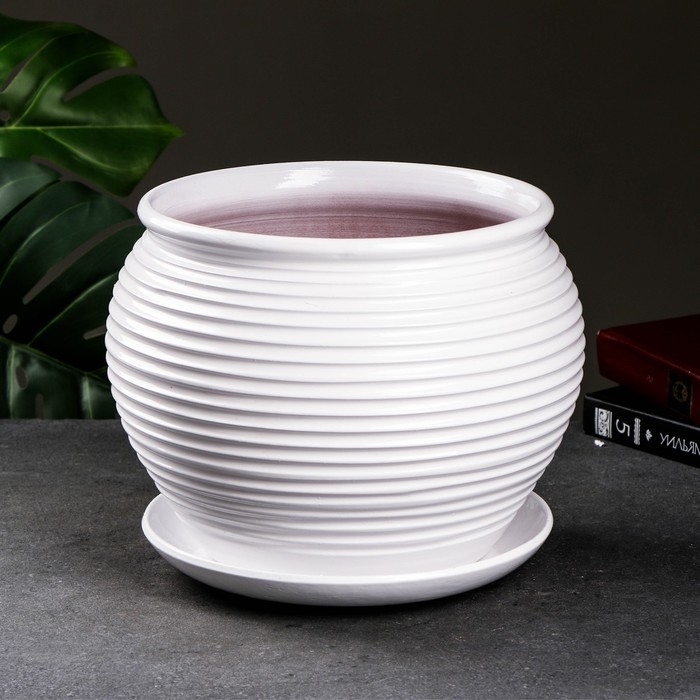 Горшок цветочный с поддоном 6,5 л, белый керамика, Горшок цветочный с поддоном 6,5 л, белый керамика, "Сатурн" (М)