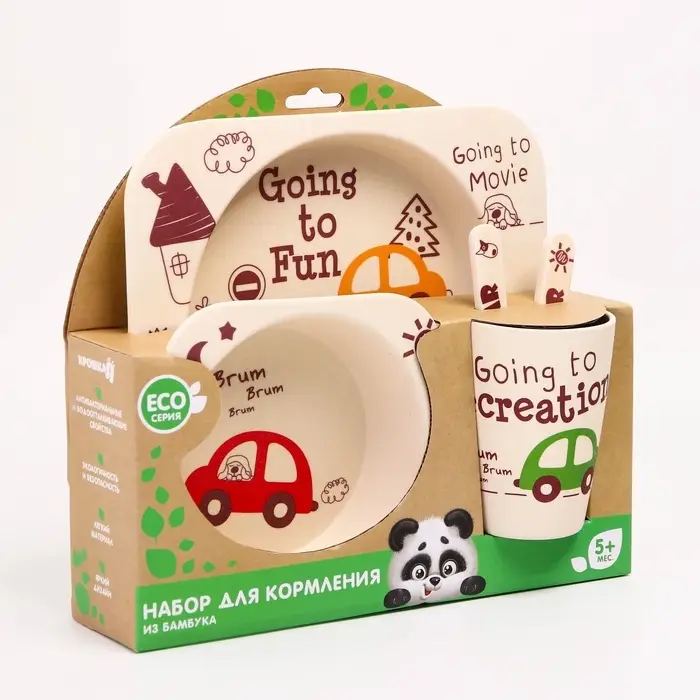 Детская посуда из бамбука в наборе &laquo;Машинки&raquo;, тарелка, миска, стакан, приборы, 5 предметов