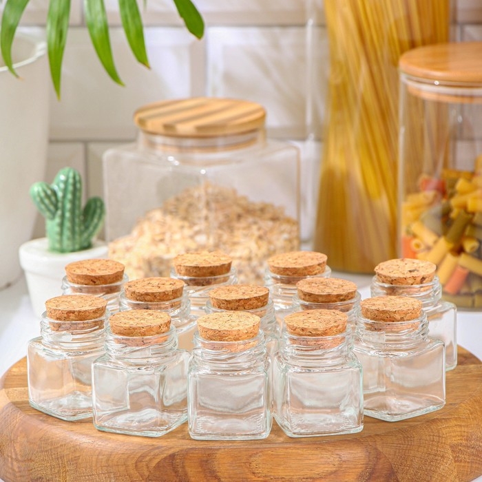 Набор стеклянных баночек для сыпучих продуктов с пробковой крышкой Доляна «Парфе. Квадрат», 70 мл, 4,5×5,4 см, 12 шт Набор стеклянных баночек для сыпучих продуктов с пробковой крышкой Доляна «Парфе. Квадрат», 70 мл, 4,5×5,4 см, 12 шт