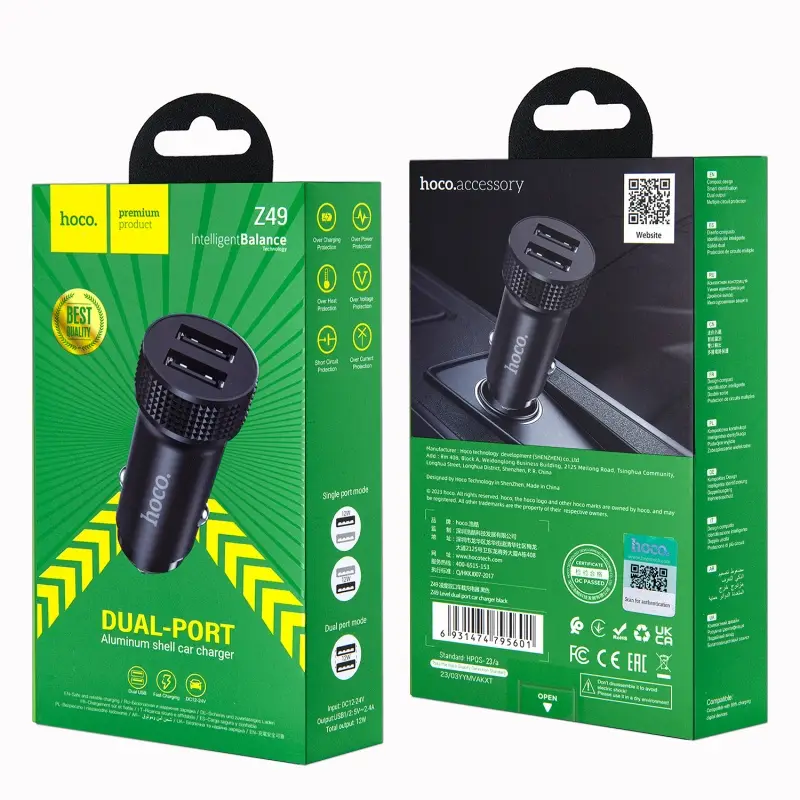 Переходник автомобильного зарядного устройства на 2 USB 2.4A Z49 HOCO черный