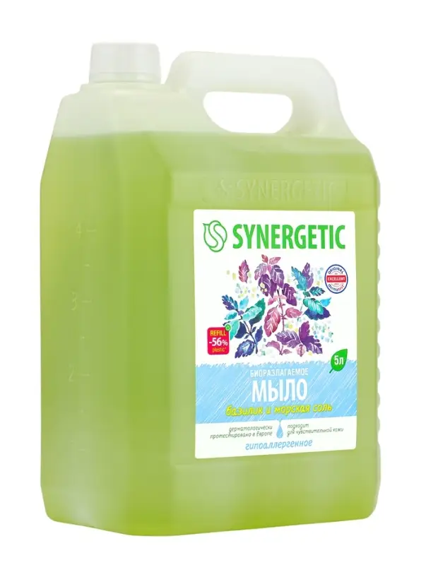 Мыло жидкое биоразлагаемое для мытья рук и тела SYNERGETIC  Мыло жидкое биоразлагаемое для мытья рук и тела SYNERGETIC "Базилик и морская соль", 5 л