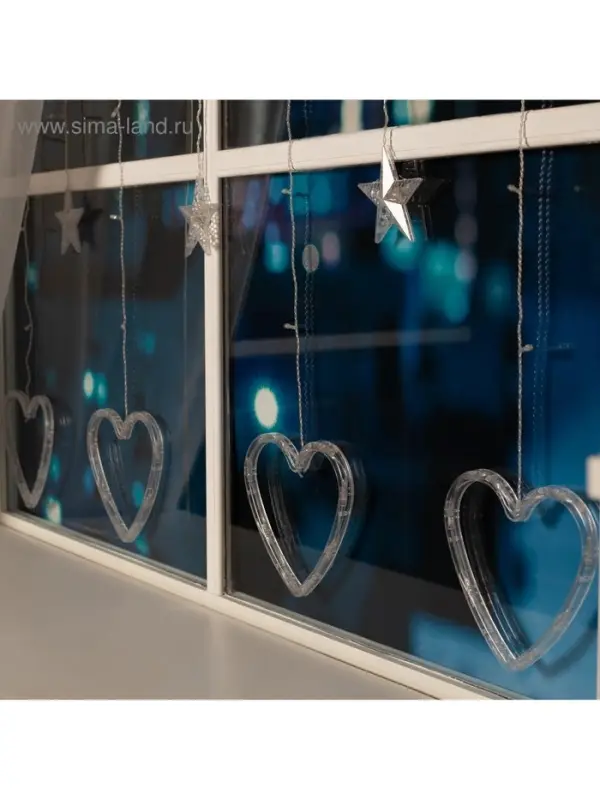 Гирлянда &laquo;Бахрома&raquo; 2.4&times;0.9 м с насадками &laquo;Сердце&raquo;, IP20, прозрачная нить, 186 LED, свечение тёплое белое, 8 режимов, 220 В