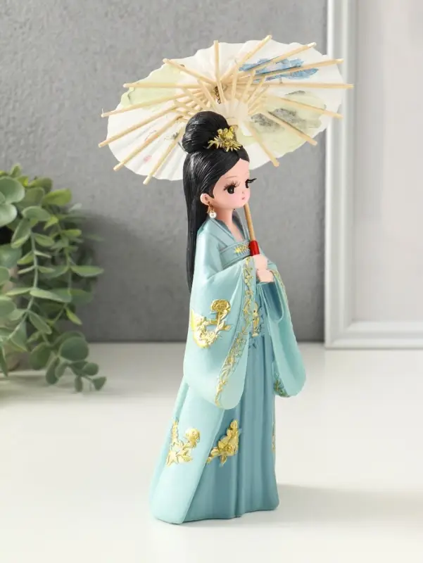 Сувенир полистоун "Девочка в кимоно с зонтиком" голубой 12х13,8х25 см