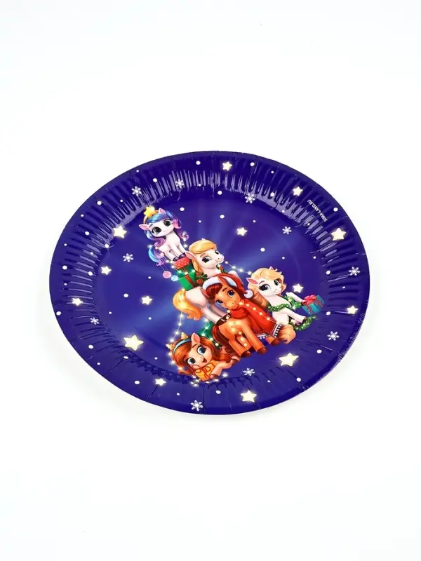 Тарелка бумажная "Пони с подарками" , синяя 18 см