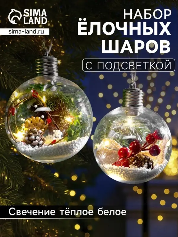 Набор ёлочных шаров &laquo;Ветка ели и ягоды&raquo;, 2 шт., d=10 см, 5 LED, от батареек, свечение тёплое белое