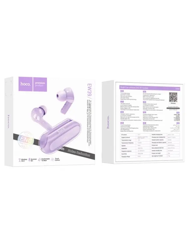 Наушники беспроводные Hoco EW39, TWS, вакуумные, Bluetooth 5.3, 30/300 мАч, шумоподавление, фиолетовые
