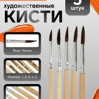 Кисти для рисования, белка, 5 штук: № 1, 2, 3, 4, 5, круглые, деревянная ручка, международный размер