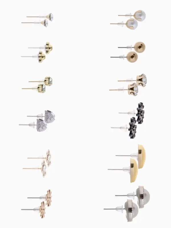 Серьги пусеты One year, 12 пар, цветочное настроение, белые в золоте