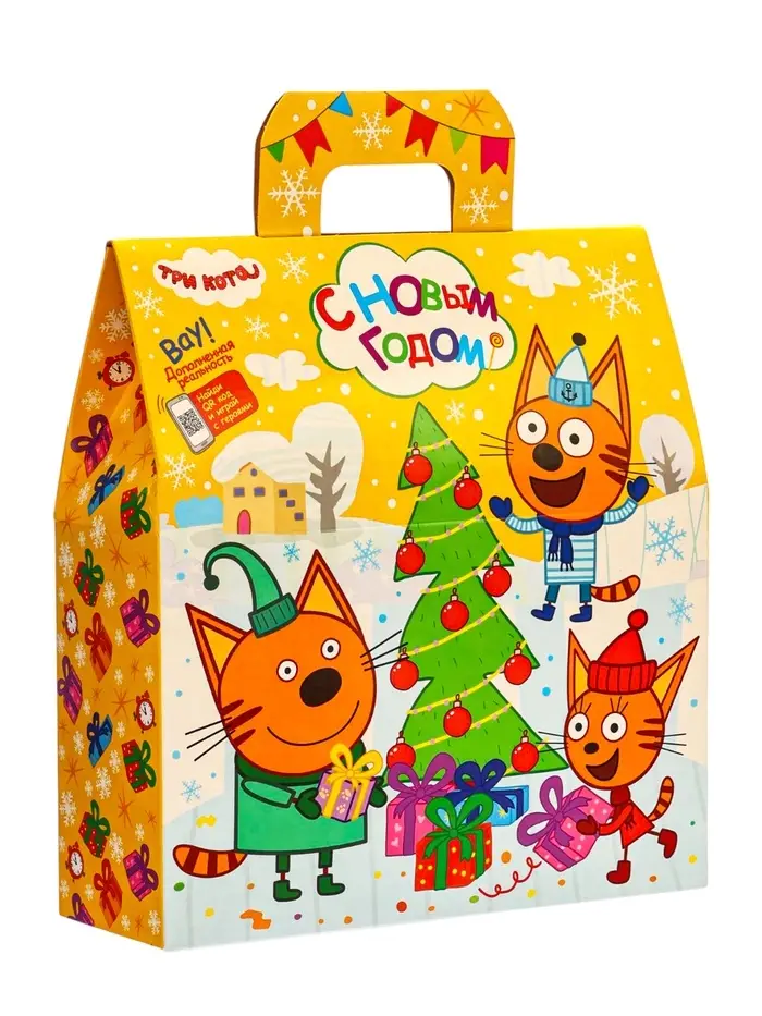 Подарок в картонной упаковке "Три кота" желтый а43, 470 гр