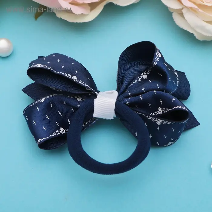Резинка для волос «Школьница», бант узорный контур, 7 см, синяя